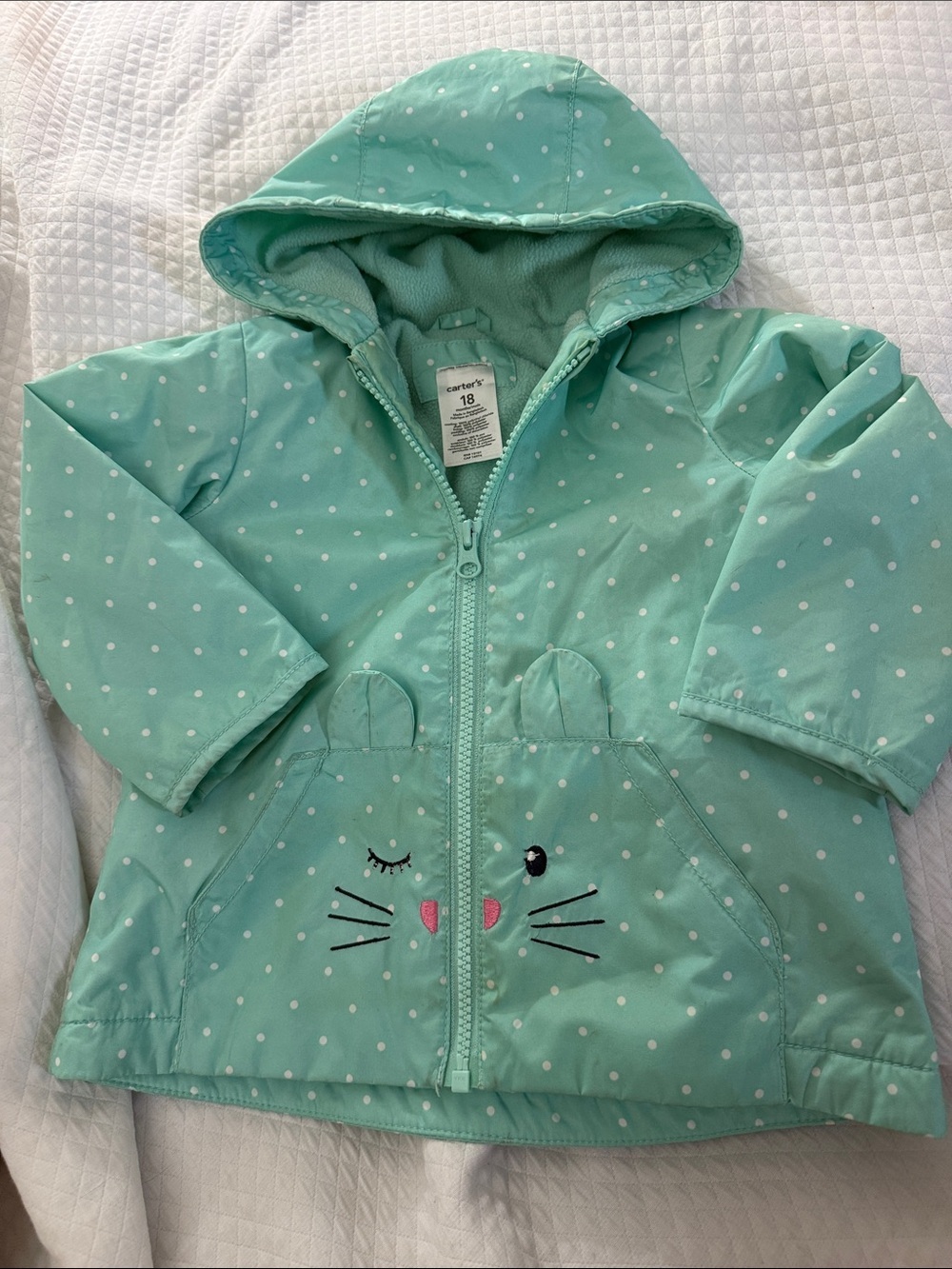 Carter’s Mint Green Polka Dot Cat Rain Jacket Windbreaker 18 Months Like New!